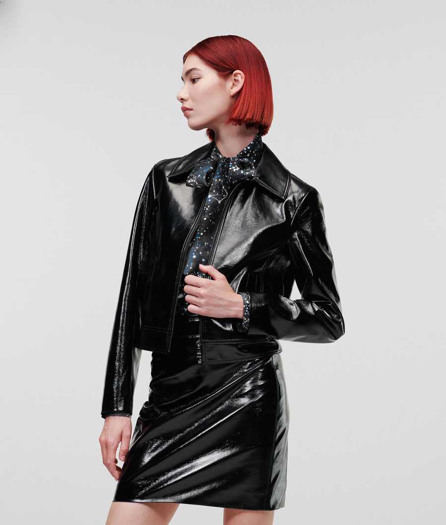 Black Women's Karl Lagerfeld Faux Patent Leather Bomber Jackets | TH059FYSI