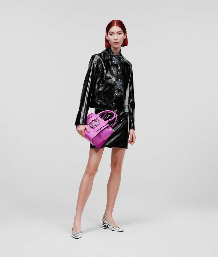 Black Women's Karl Lagerfeld Faux Patent Leather Bomber Jackets | TH059FYSI