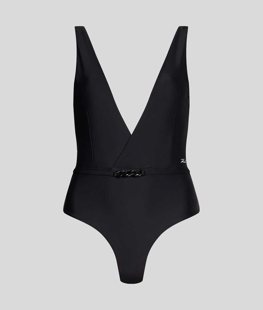 Black Women's Karl Lagerfeld Karl Dna V-neck Swimsuits Beachwear | TH521UZKC