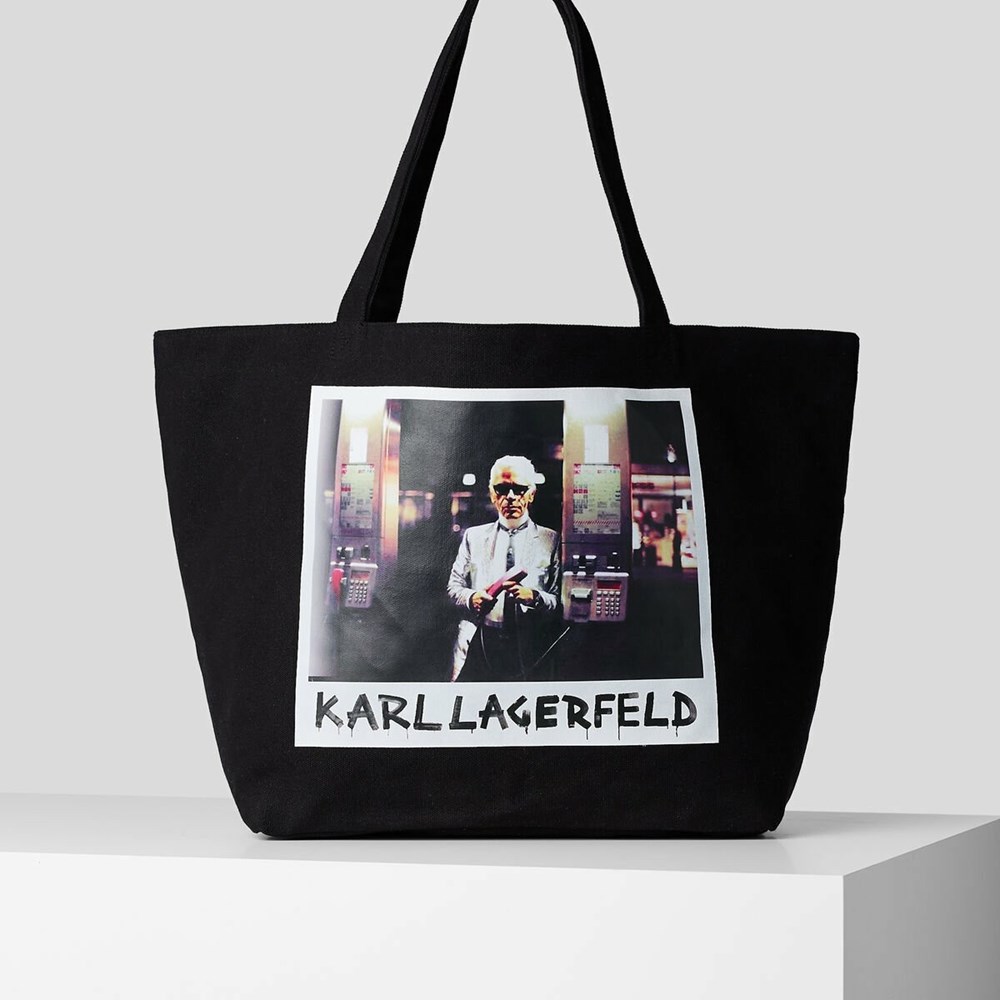 Black Women\'s Karl Lagerfeld Karl Series Canvas Shopper Tote Bags | TH084JBPR