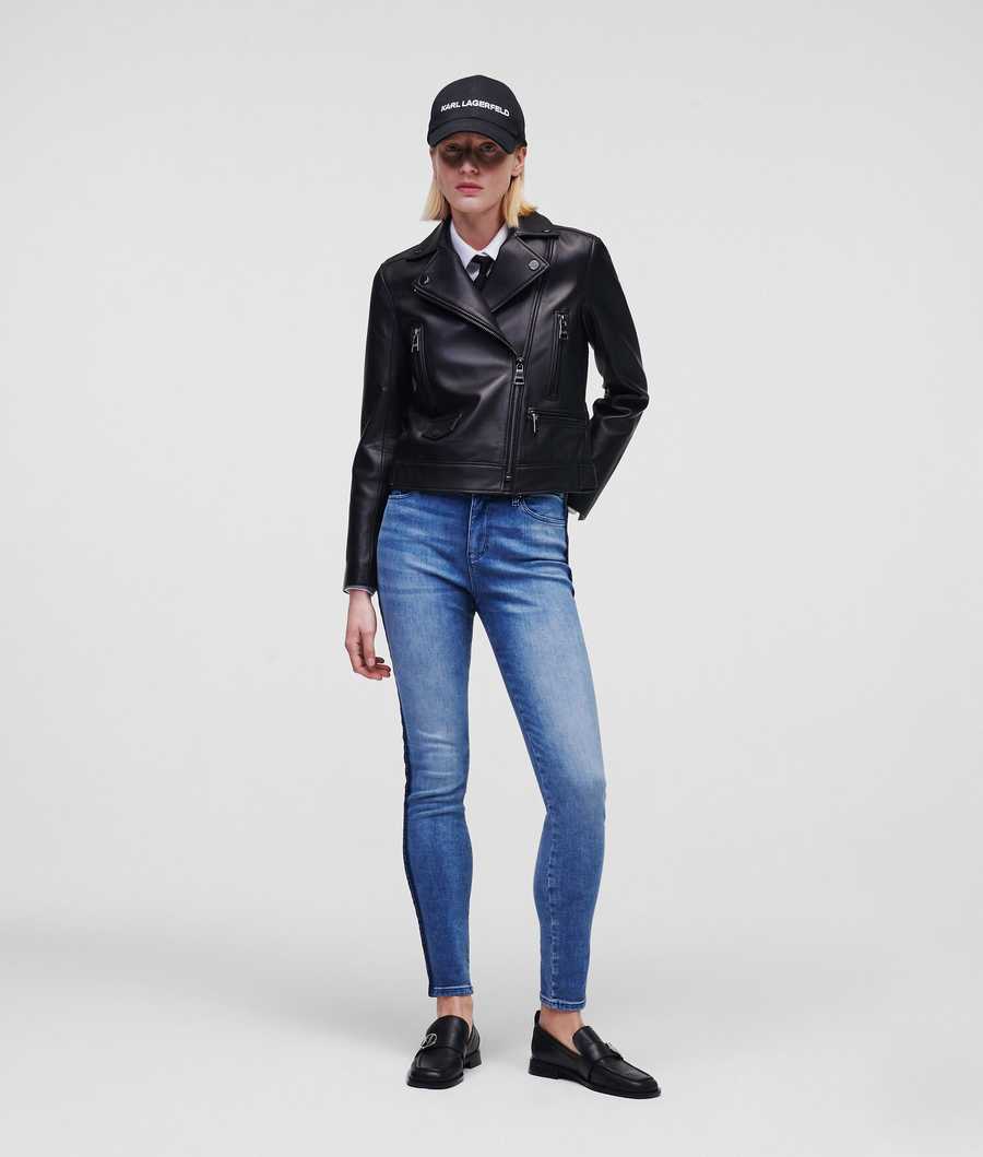 Black Women's Karl Lagerfeld Leather Biker Jacket | TH315COTN