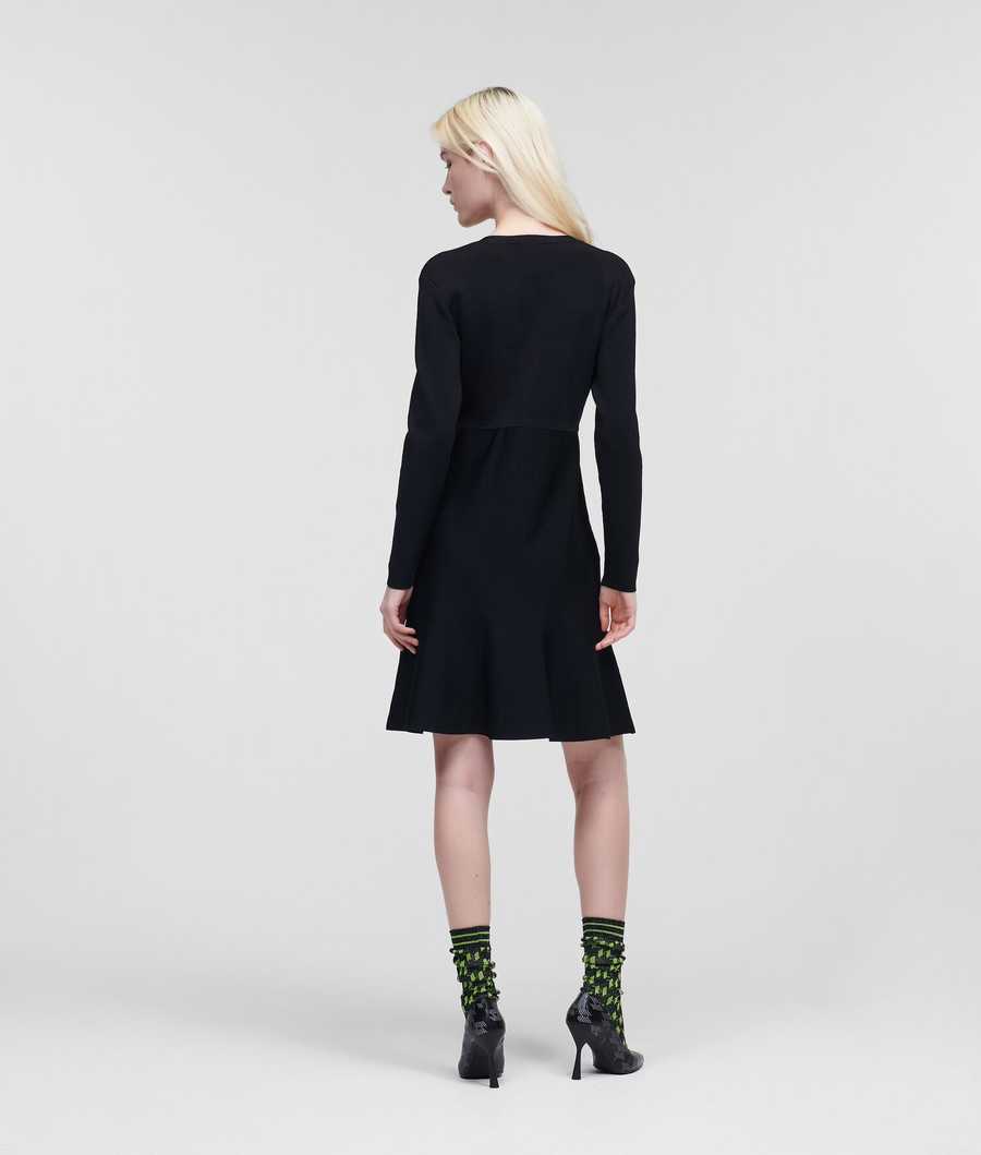 Black Women's Karl Lagerfeld Long-sleeved Button-front Knit Dresses | TH015IVMX