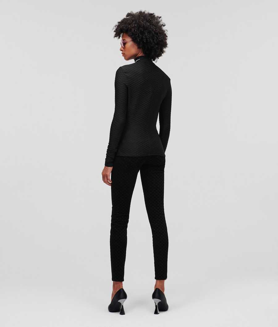 Black Women's Karl Lagerfeld Long-sleeved Textured Mock Neck Sweater T-Shirts | TH365LSWD