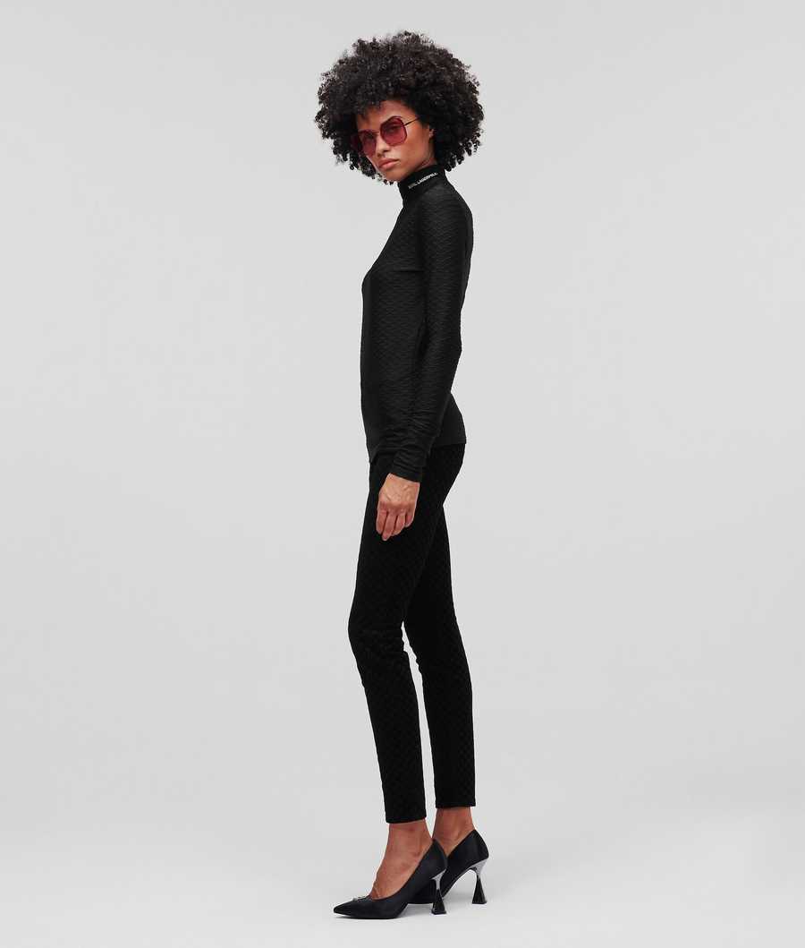 Black Women's Karl Lagerfeld Long-sleeved Textured Mock Neck Sweater T-Shirts | TH365LSWD