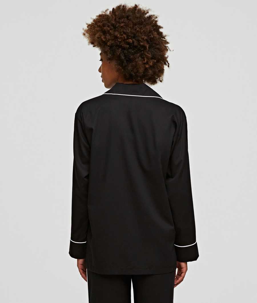 Black Women's Karl Lagerfeld Long-sleeved Piping-trimmed Pajama Shirt Sleepwear | TH934XJFO