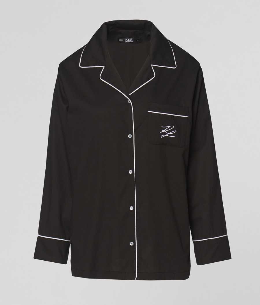 Black Women's Karl Lagerfeld Long-sleeved Piping-trimmed Pajama Shirt Sleepwear | TH934XJFO