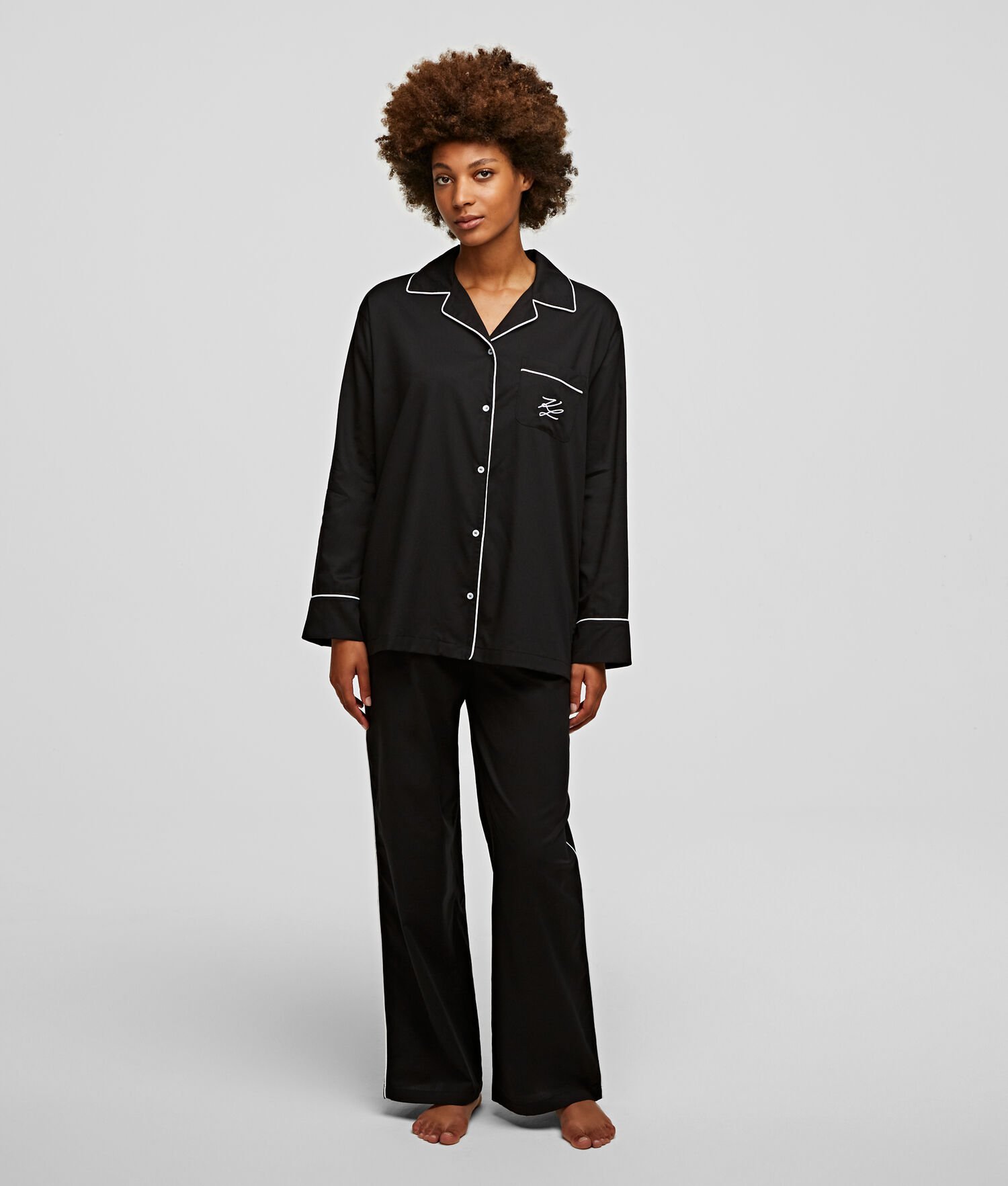 Black Women's Karl Lagerfeld Long-sleeved Piping-trimmed Pajama Shirt Sleepwear | TH934XJFO