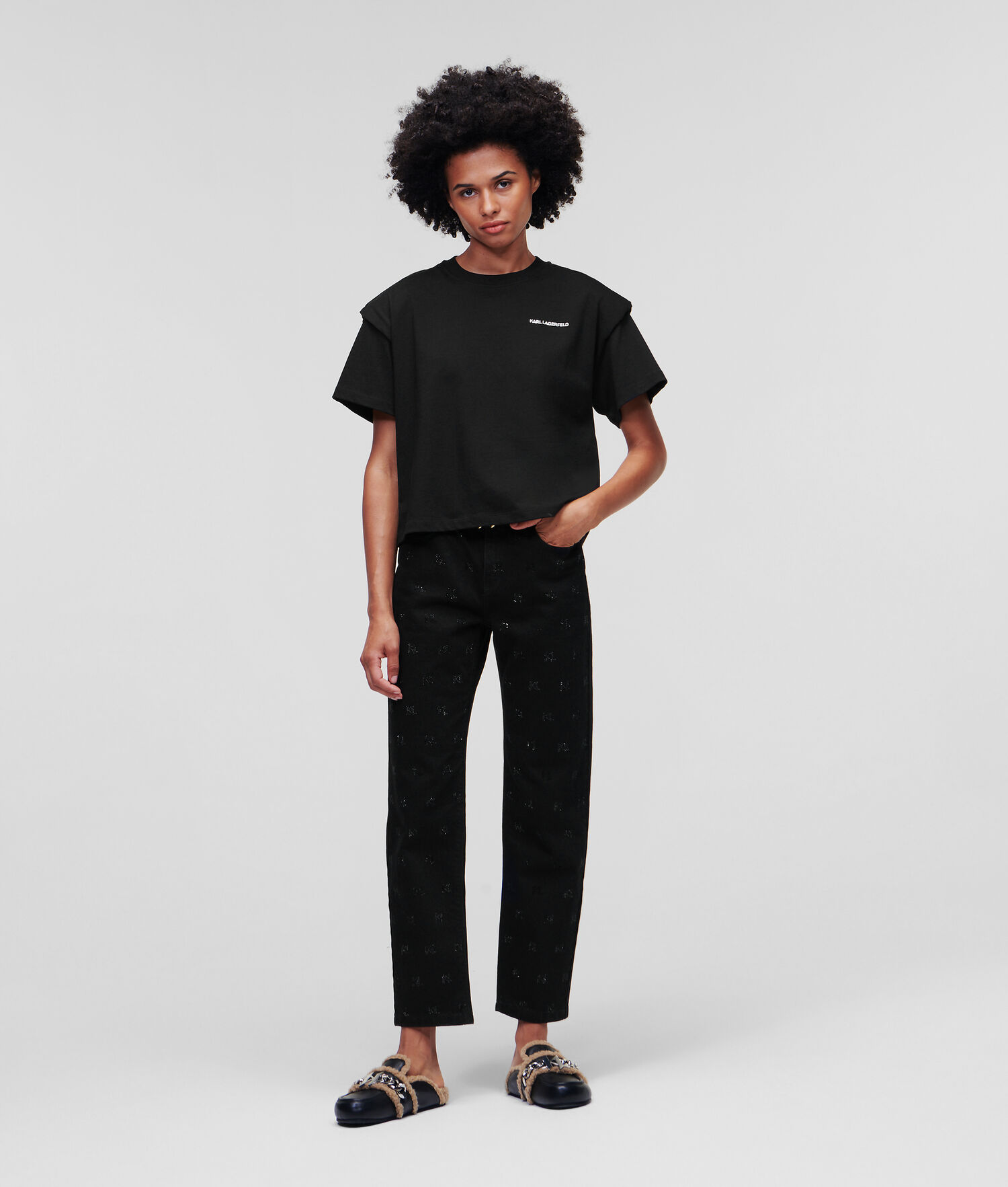 Black Women's Karl Lagerfeld Padded Shoulder T-Shirts | TH874CJDG