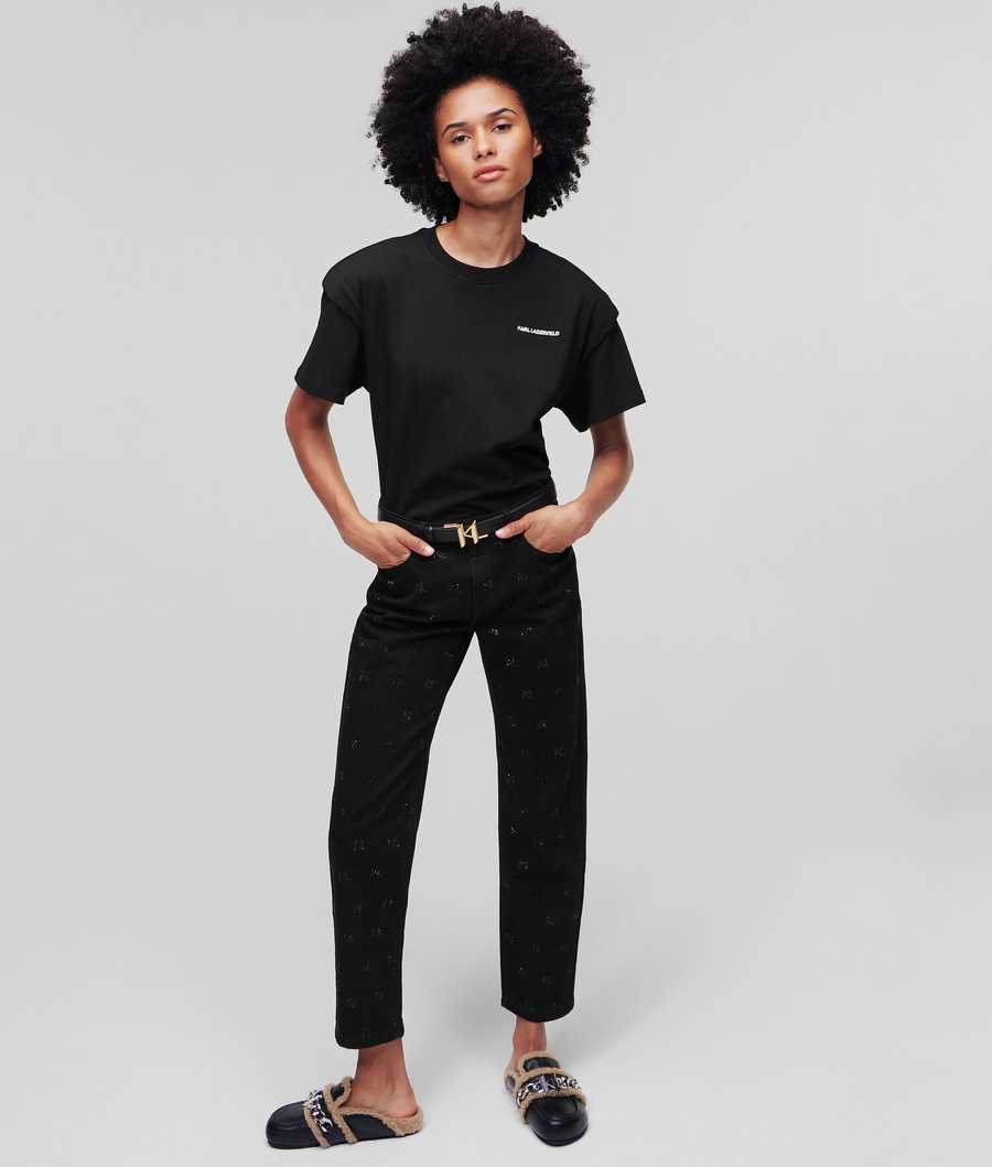 Black Women's Karl Lagerfeld Padded Shoulder T-Shirts | TH874CJDG