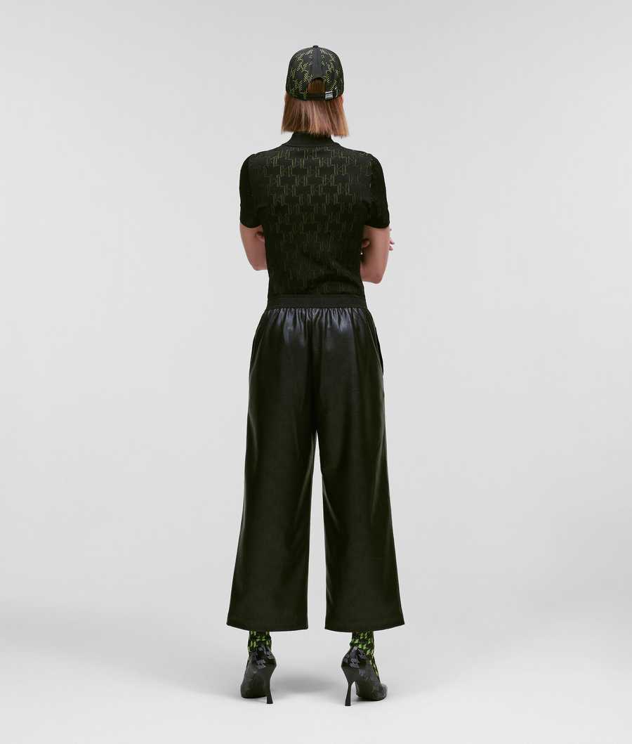 Black Women's Karl Lagerfeld Perforated Kl Monogram Faux-leather Culottes Pants | TH103CQLP