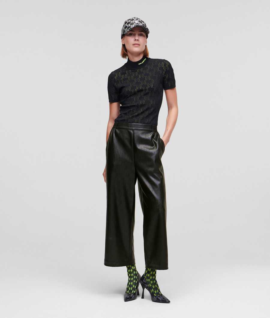 Black Women\'s Karl Lagerfeld Perforated Kl Monogram Faux-leather Culottes Pants | TH103CQLP