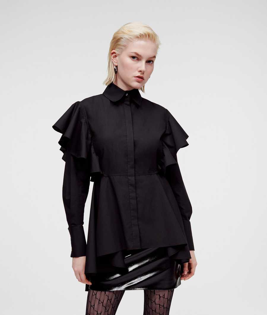 Black Women\'s Karl Lagerfeld Ruffle Detail Poplin Blouses | TH079MCUN