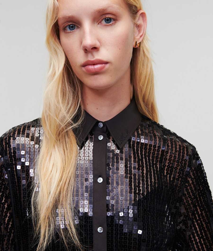 Black Women's Karl Lagerfeld Sequinned Longline Blouses | TH986XREW