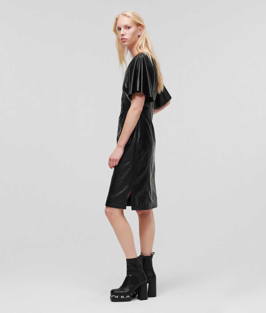 Black Women's Karl Lagerfeld V-neck Leather Midi Dresses | TH594EQDV