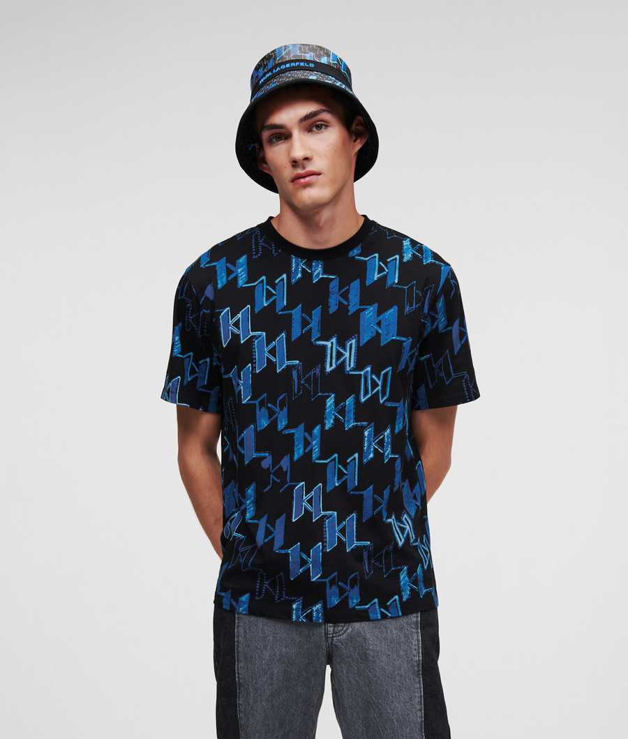 Blue Men's Karl Lagerfeld All-over Graffiti Karl Monogram T-Shirts | TH421HJXB