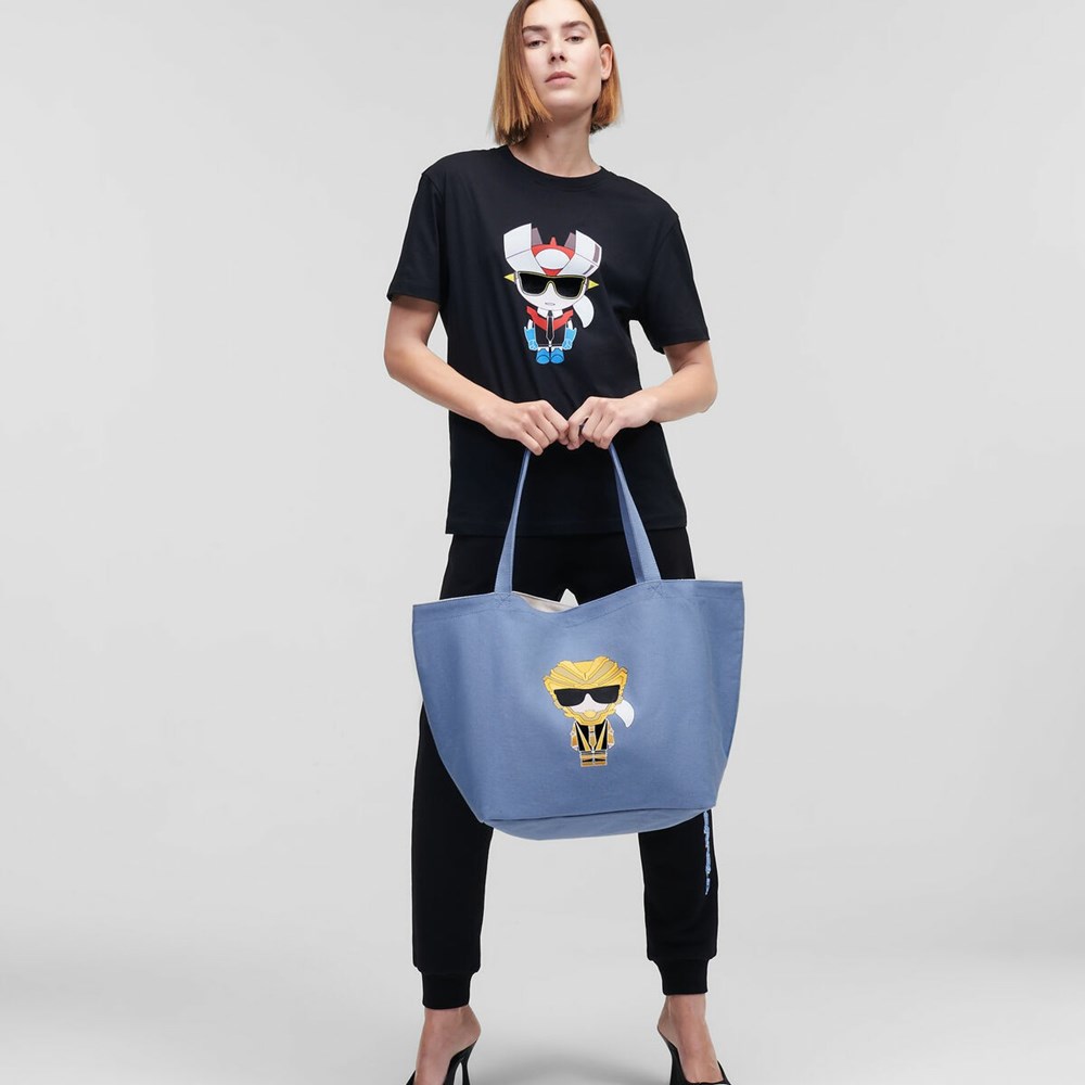 Blue Women's Karl Lagerfeld K/Heroes Canvas Shopper Tote Bags | TH789KOJC