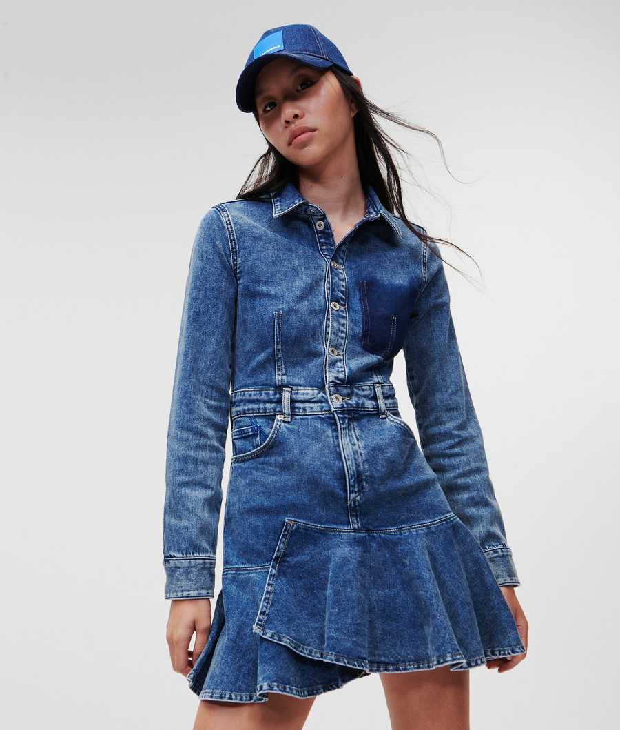 Blue Women\'s Karl Lagerfeld Klj Ruffled Hem Denim Dresses | TH672BQWC