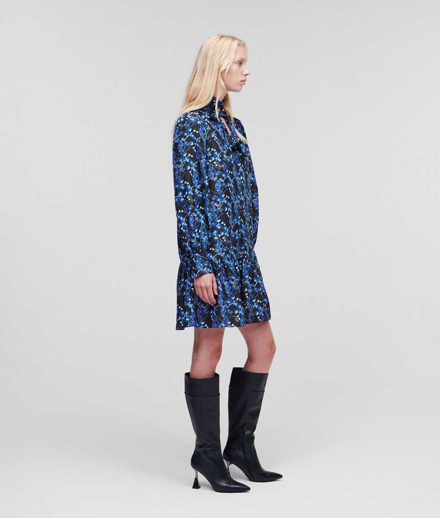 Blue Women's Karl Lagerfeld Orchid Print Silk Dresses | TH426UAKD