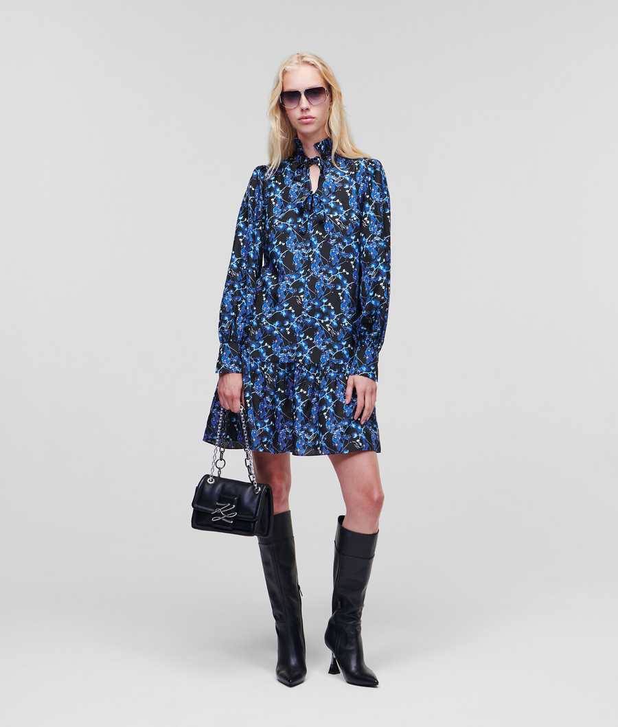 Blue Women's Karl Lagerfeld Orchid Print Silk Dresses | TH426UAKD