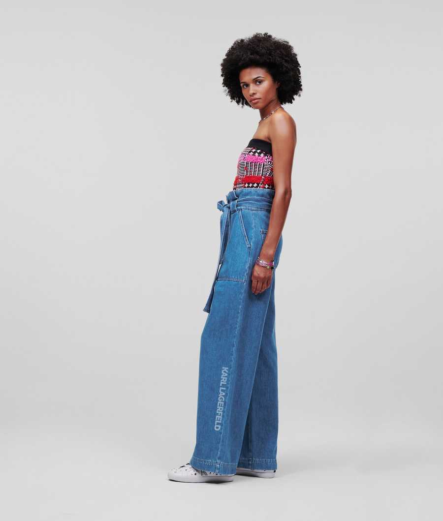 Blue Women's Karl Lagerfeld Paperbag Wide-leg Jeans | TH342VSKM