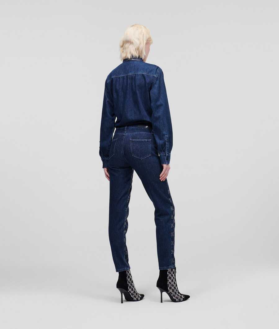 Dark Blue Women's Karl Lagerfeld Rhinestone Kl Monogram Jeans | TH897JEIO