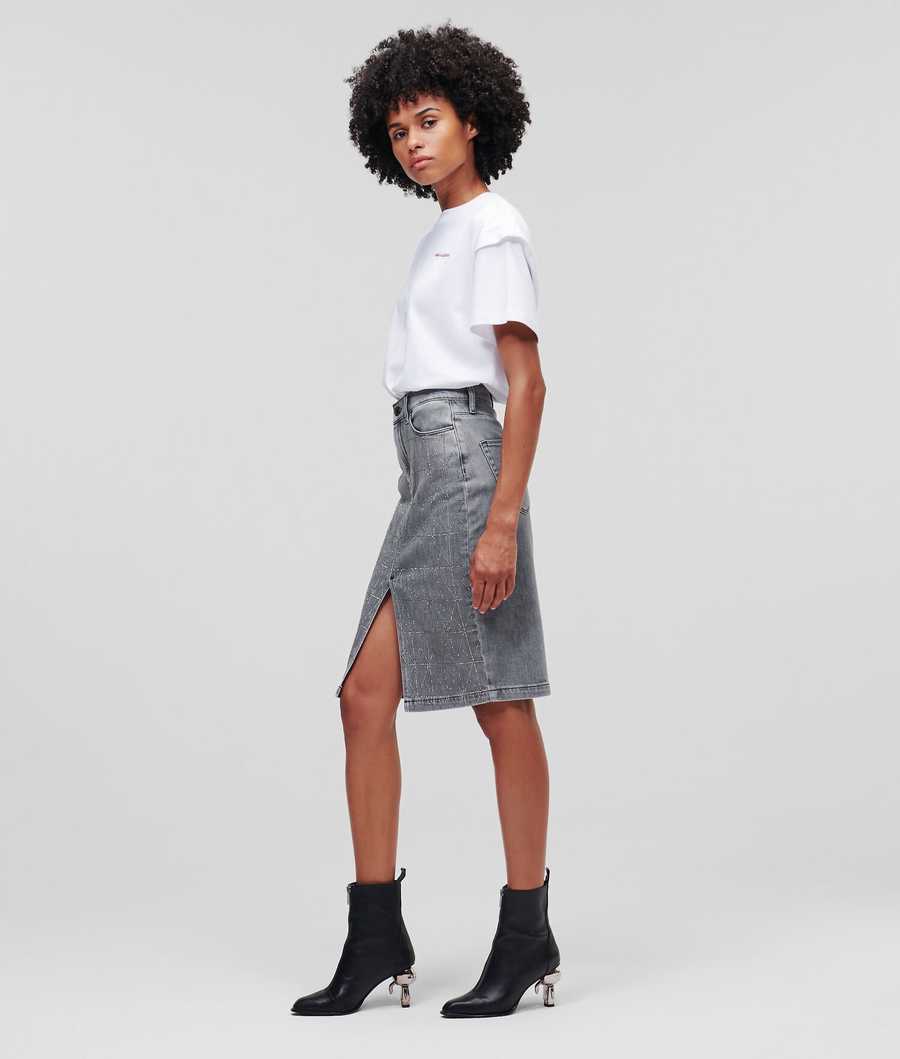 Dark Grey Women's Karl Lagerfeld Embellished Denim Skirts | TH174CWKM