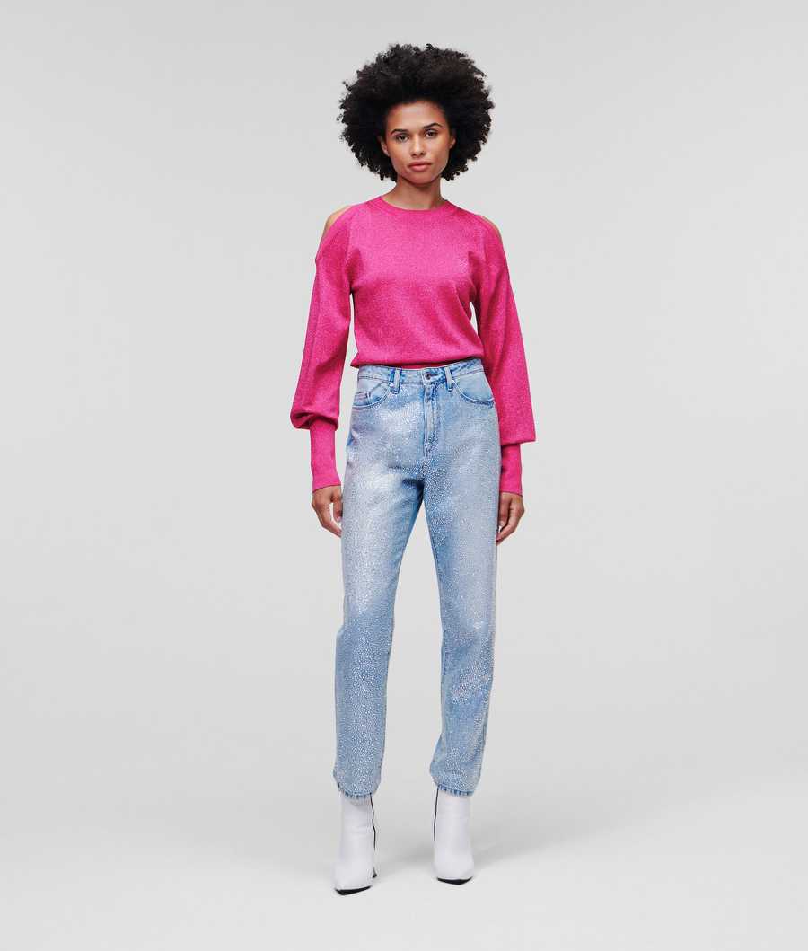 Fuchsia Women's Karl Lagerfeld Cold-shoulder Lurex Knitwear | TH107FBPH