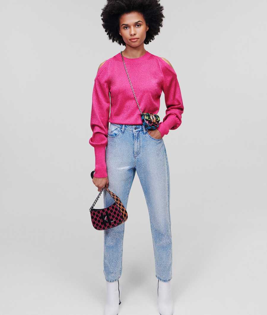 Fuchsia Women's Karl Lagerfeld Cold-shoulder Lurex Knitwear | TH107FBPH