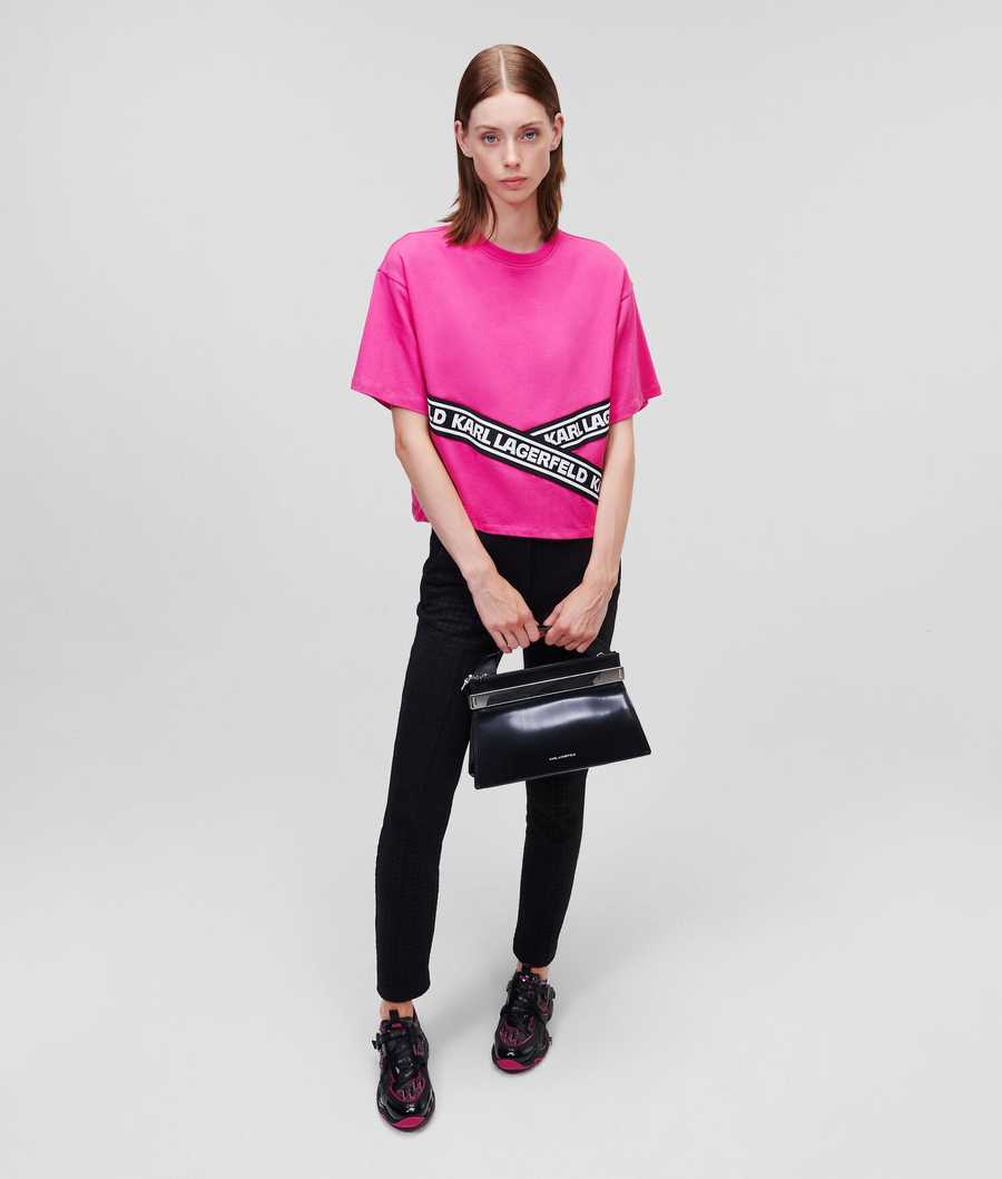 Fuchsia Women's Karl Lagerfeld Karl Logo Tape T-Shirts | TH269AGED