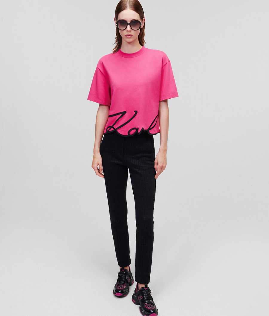 Fuchsia Women's Karl Lagerfeld Karl Signature Hem T-Shirts | TH605NEHK