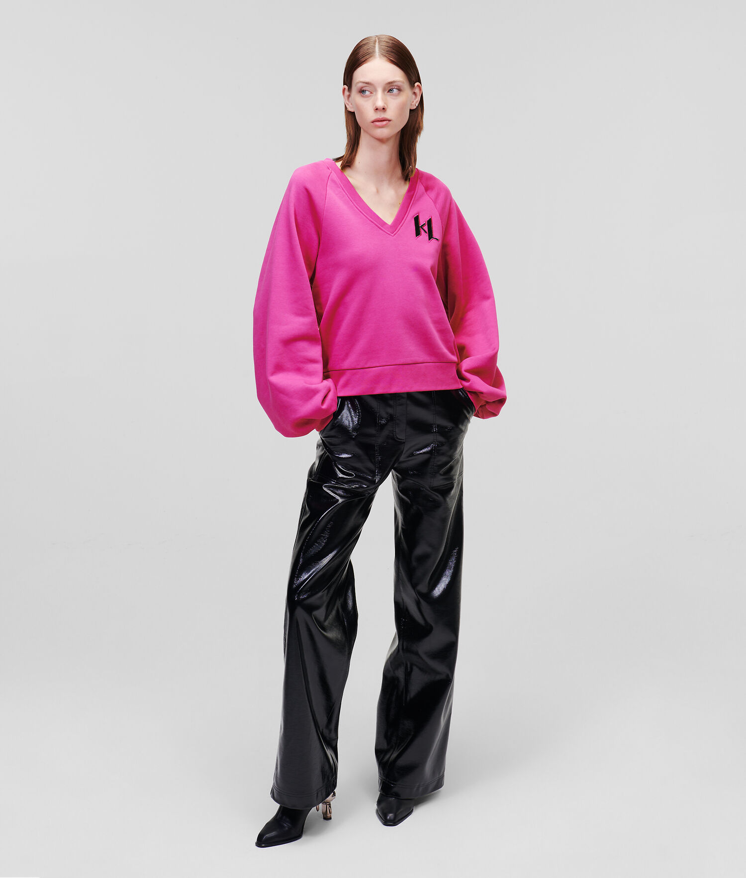 Fuchsia Women's Karl Lagerfeld Puff-sleeve V-neck Sweatshirts | TH420ZMLB