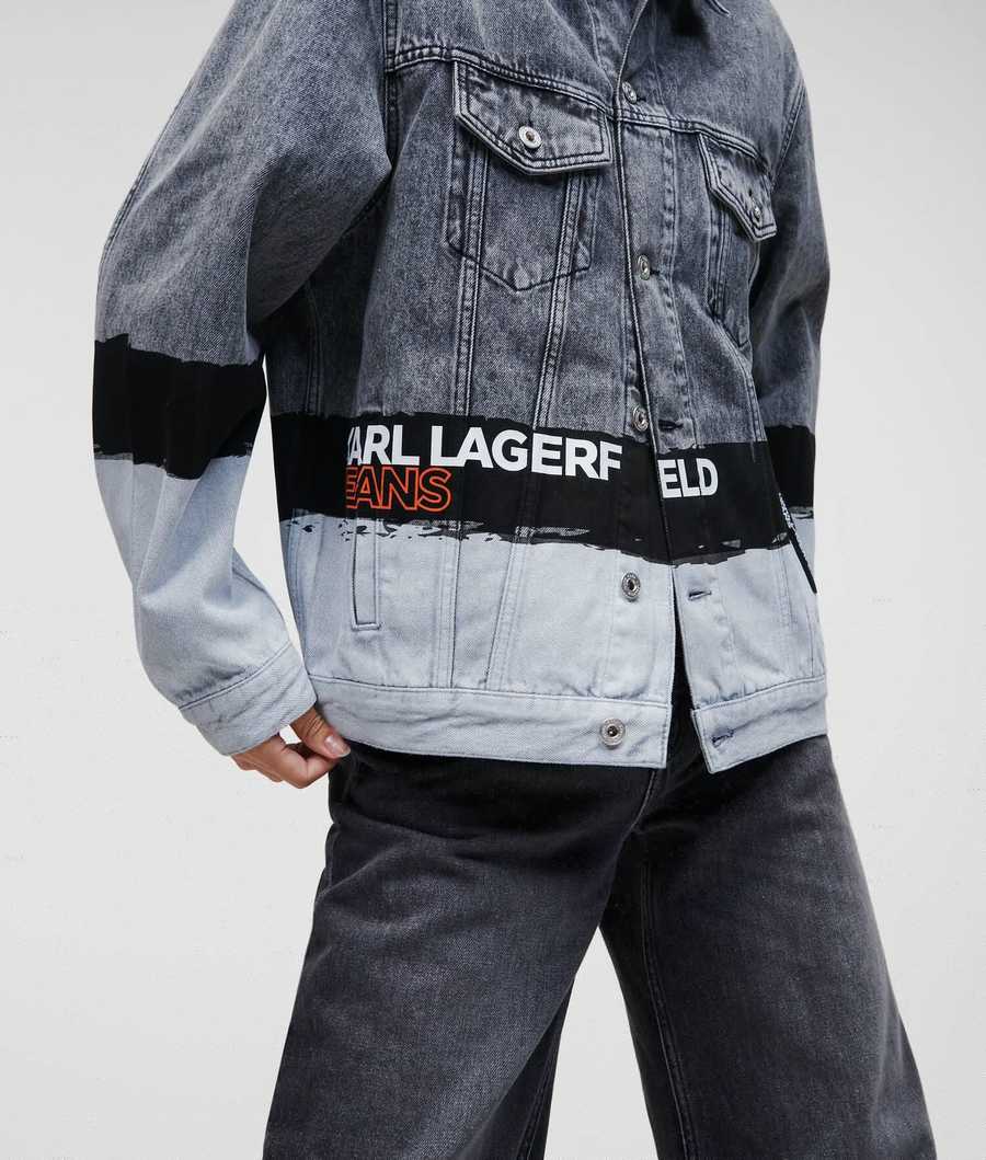 Grey Women's Karl Lagerfeld Klj Paint Logo Denim Bomber Jackets | TH495BVKW