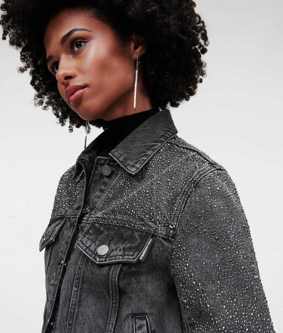 Grey Women's Karl Lagerfeld Rhinestone-embellished Denim Jackets | TH238EUJS