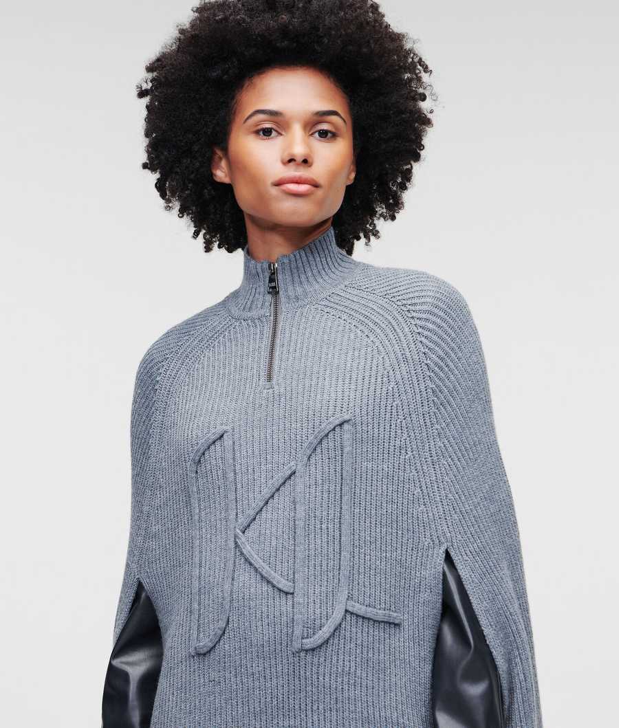 Grey Women's Karl Lagerfeld Soutache Kl Monogram Cape Knitwear | TH507BQWH