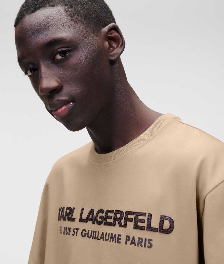 Khaki Men's Karl Lagerfeld Faux-leather Karl Logo T-Shirts | TH046MTZW