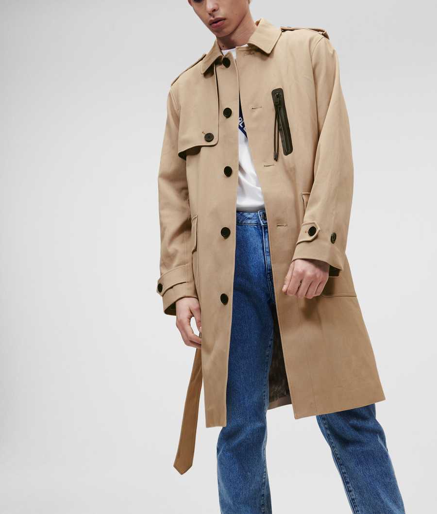 Khaki Men's Karl Lagerfeld With Belt Trench Coat | TH540YDBX