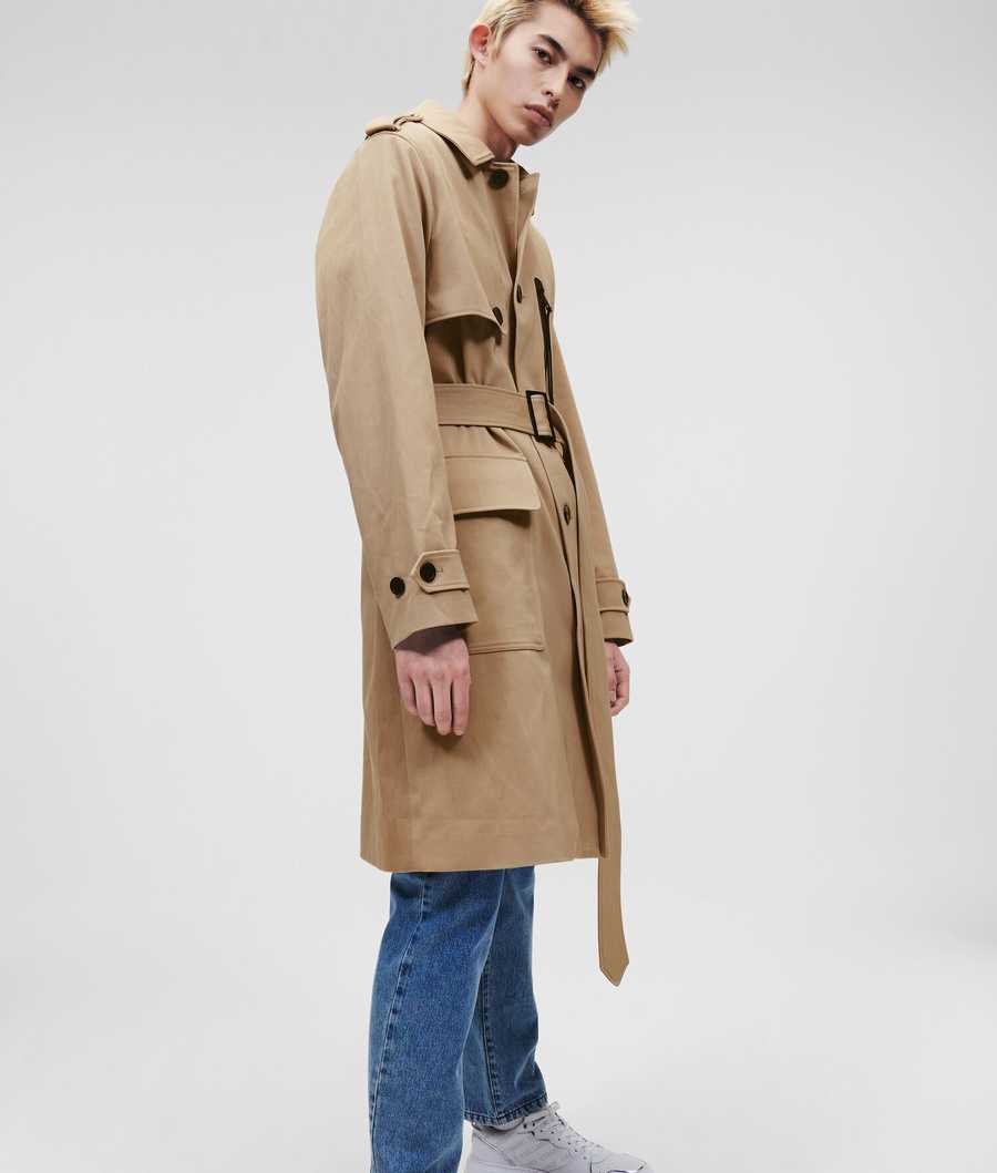 Khaki Men's Karl Lagerfeld With Belt Trench Coat | TH540YDBX