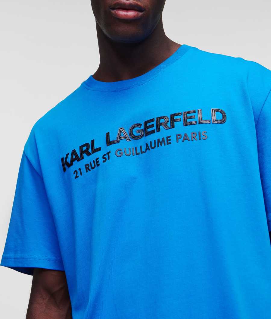 Light Blue Men's Karl Lagerfeld Faux-leather Karl Logo T-Shirts | TH238WAMU