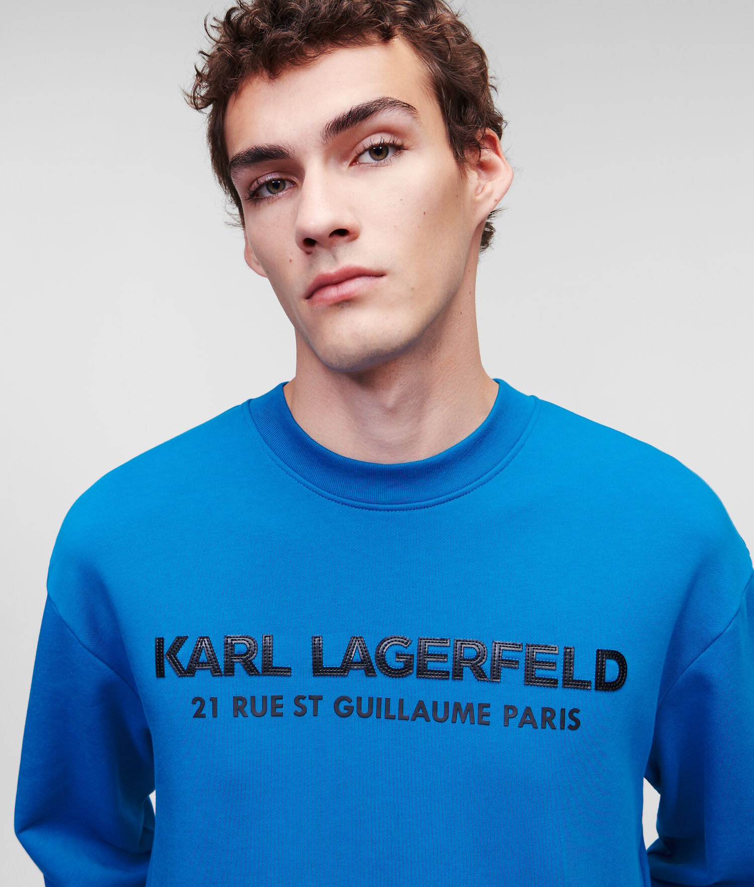 Light Blue Men\'s Karl Lagerfeld Faux-leather Karl Logo Sweatshirts | TH241PCQB