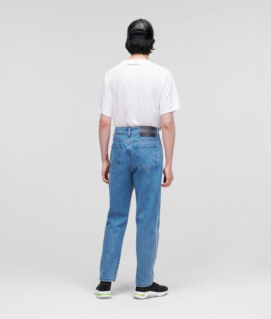 Light Blue Men's Karl Lagerfeld Relaxed-fit With Reflective Logo Tape Jeans | TH053RNWC