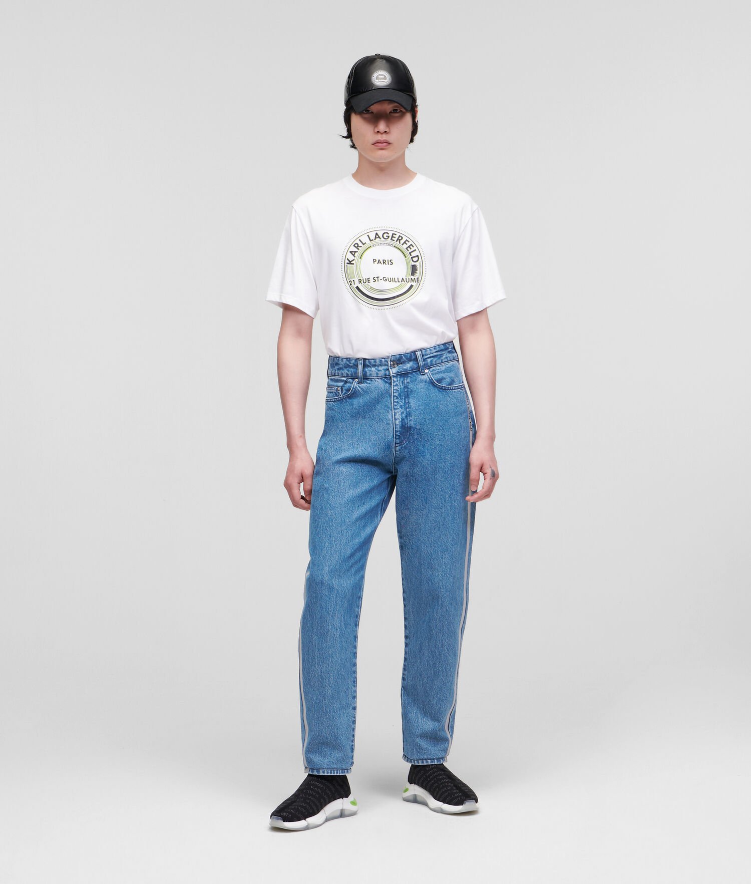 Light Blue Men's Karl Lagerfeld Relaxed-fit With Reflective Logo Tape Jeans | TH053RNWC