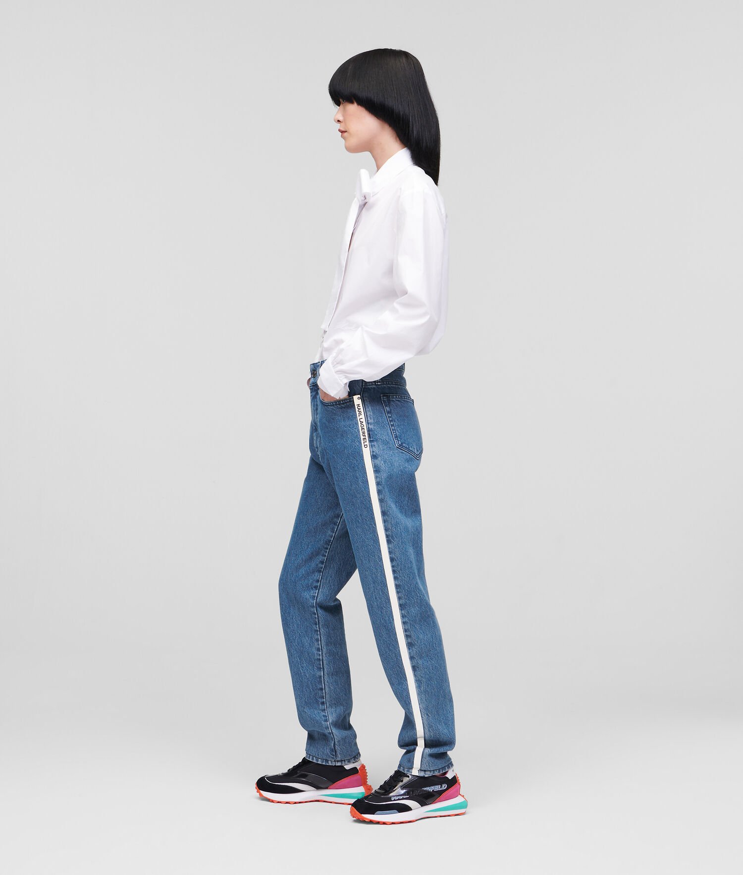 Light Blue Women's Karl Lagerfeld Relaxed-fit With Reflective Logo Tape Jeans | TH164XBLV