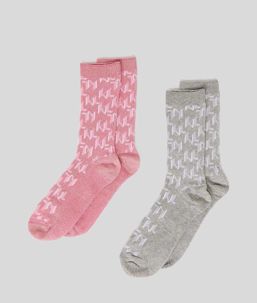 Pink / Multicolor Women's Karl Lagerfeld Ikonik Karl Monogram Socks - 2 Pack Underwear | TH163GZSW