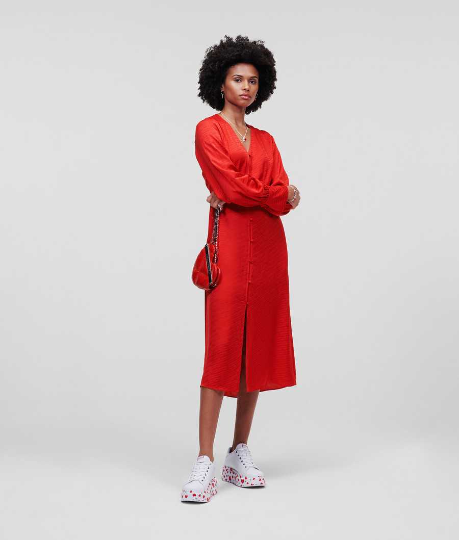 Red Women's Karl Lagerfeld Karl Logo Jacquard Dresses | TH589TZIQ