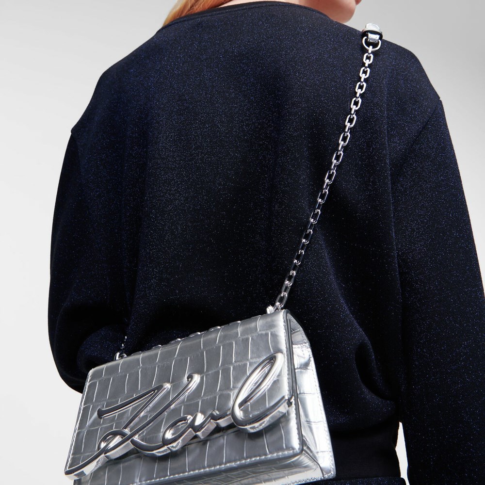 Silver Women's Karl Lagerfeld K/Signature Croc-embossed Small Shoulder Bags | TH285SBNE