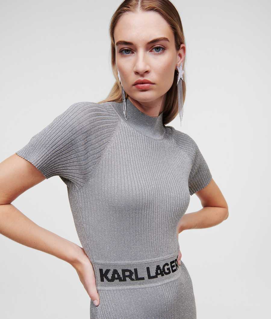 Silver Women's Karl Lagerfeld Lurex Short-sleeved Karl Logo Knit Dresses | TH972PJQL