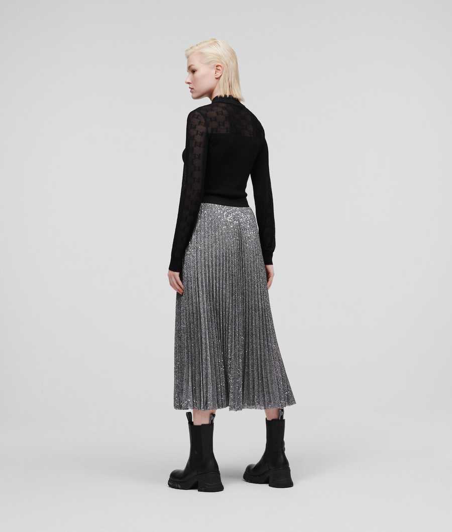 Silver Women's Karl Lagerfeld Sequin Pleated Skirts | TH241UOHV