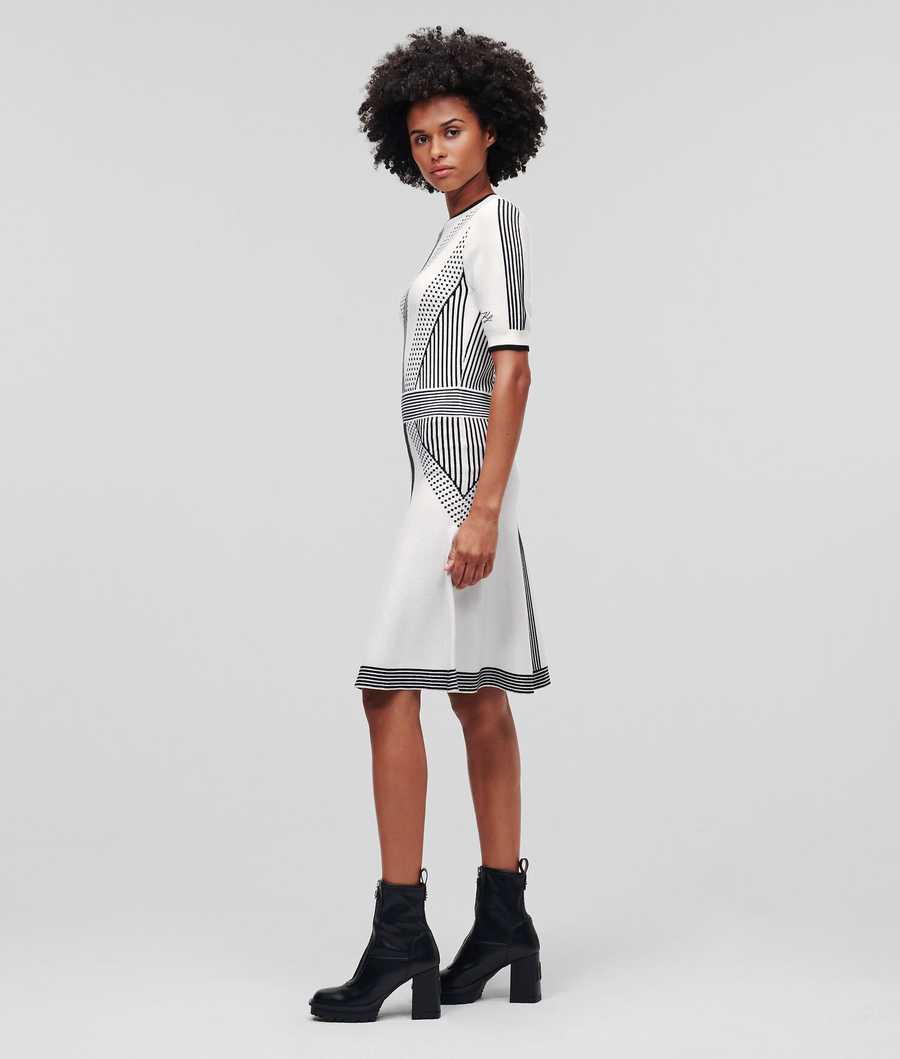 White / Black Women's Karl Lagerfeld Geometric Knit Dresses | TH078RIFH