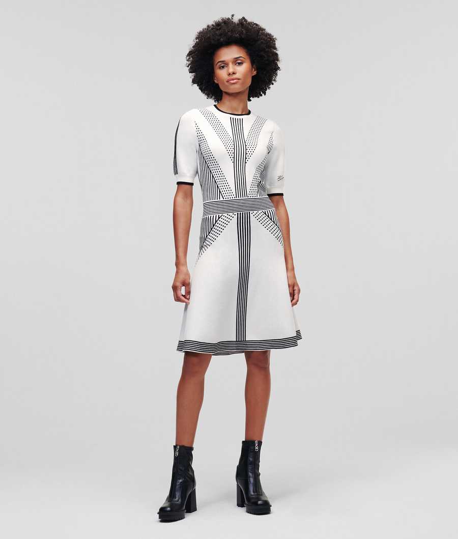 White / Black Women\'s Karl Lagerfeld Geometric Knit Dresses | TH078RIFH