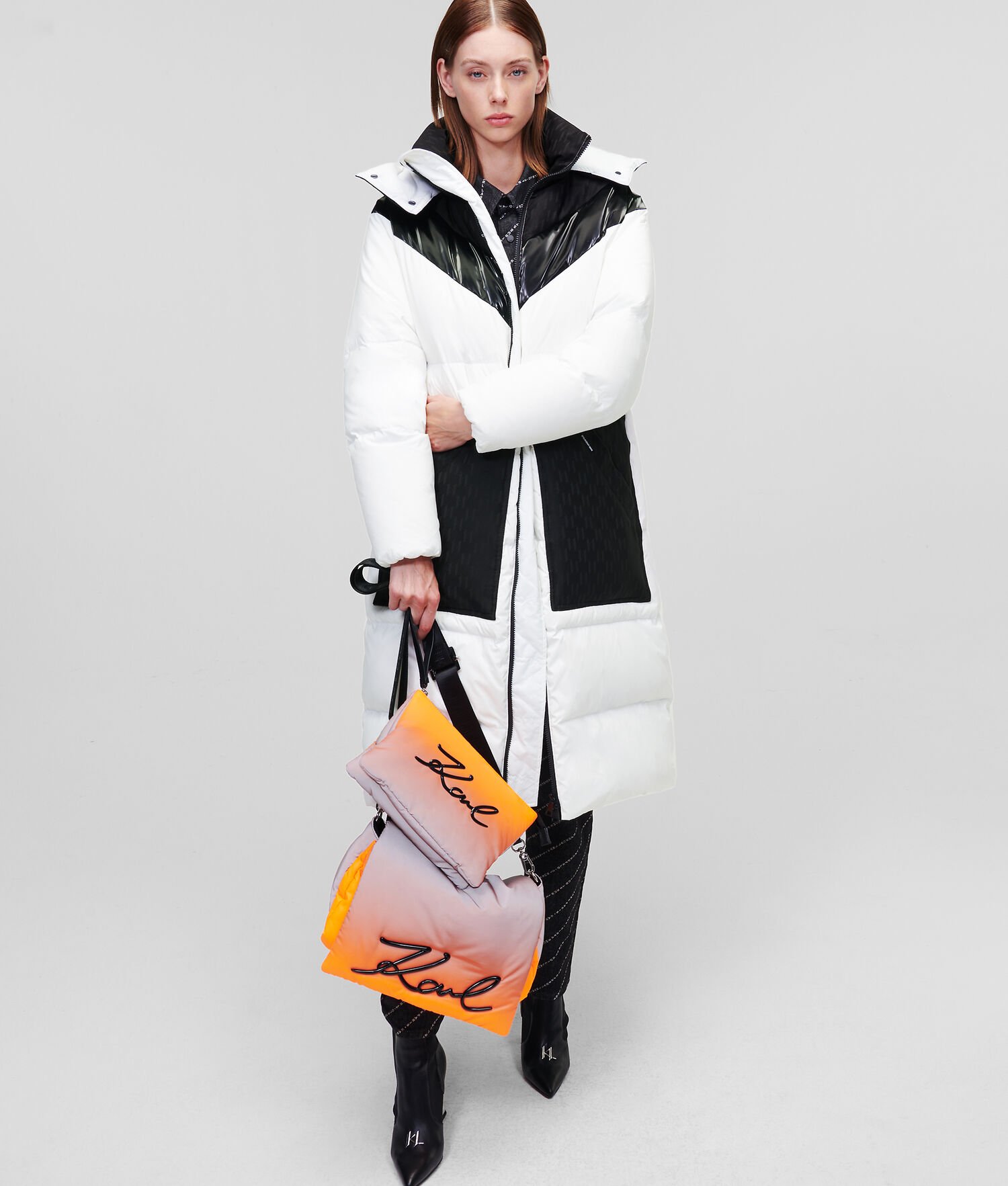 White / Black Women's Karl Lagerfeld Longline Hooded Down Coats | TH810PUAQ